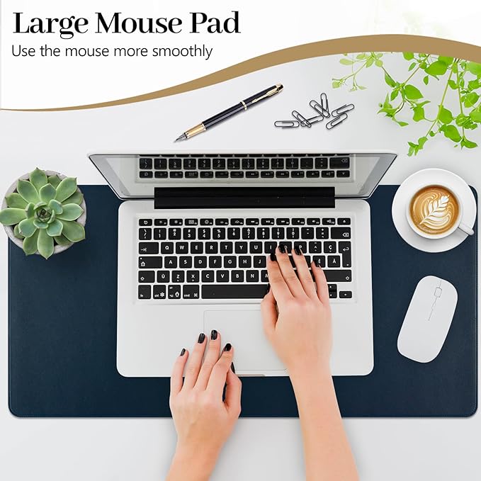Dark Blue Leather Desk Mat Large Mouse Pad, Waterproof Desk Pad for Keyboard and Mouse, Non-Slip Computer Desk Protector, Smooth Mouse Movement Desk Mat for Home and Office(23.6"×13.8")