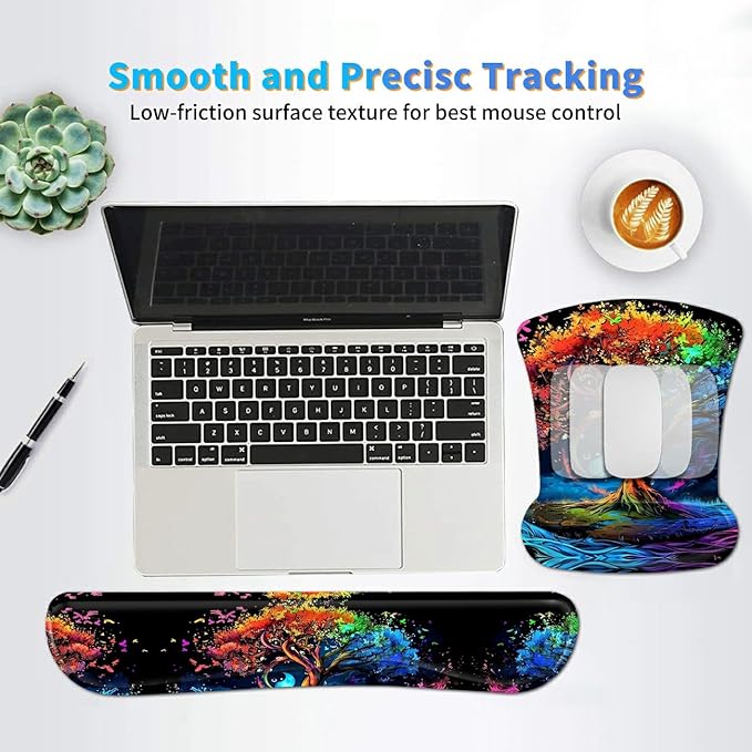 Ergonomic Mouse Pad with Wrist Support Gel Mouse Pads and Upgrade Keyboard Wrist Rest Pad Set, Coasters Non-Slip PU Base Mouse Mat for Office Gaming Computer Laptop Home, Colored Trees
