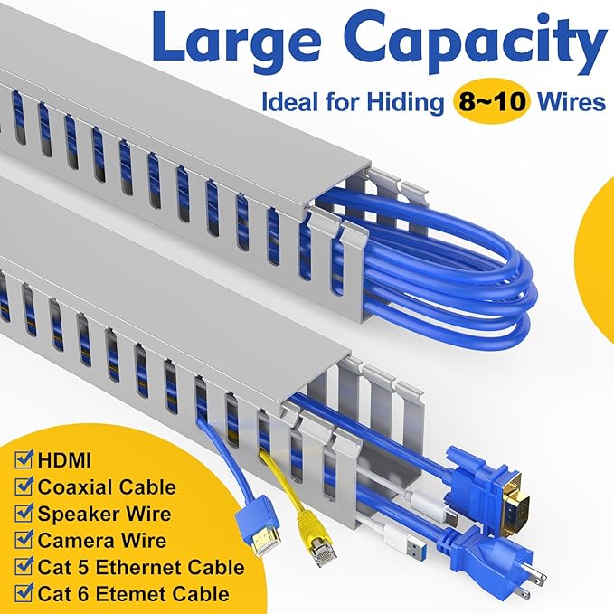 Open Slot Wiring Raceway Cable Duct, 123in Cable Management Channel Cord Track,Desk Wire Channel, Under Desk Cable Management to Hide Cables, Wires for Computers (Grey, 1.97" Hx1.97 W, 15.4''L(8 Pc))