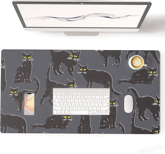Colorful Star Black Large Mouse Pad, Cute Cat Waterproof Office Desk Mat, Non-Slip Gaming Mouse Pad, XXL PC Laptop Protector Pads, PU Leather Desk Writing Pads for Office Home, 31.5" x 15.7"
