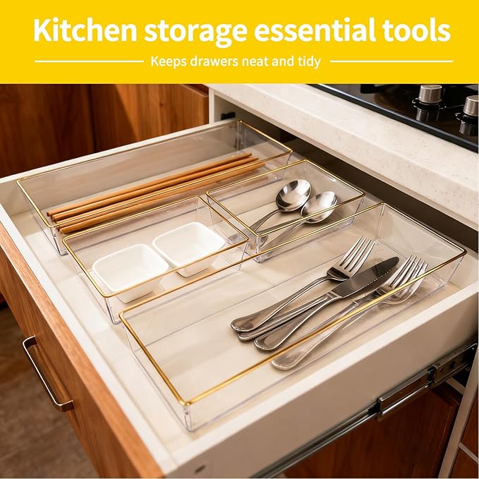 6 Pack Large Size Clear Stackable Drawer Organizer Trays, Gold Rim Makeup Drawer Storage Tray Divider, Desk Storage for Makeup, Jewelry, Bathroom, Stationary, Kitchen Utensils and Office Desk