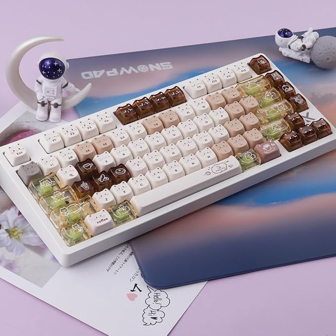 26 Keys Crystal Jelly Personalized Keycaps, PC Material Cute Coffee Cat Transparent Custom Keycaps, Mao Profile Keycap for DIY MX Swithes Mechanical Keyboards