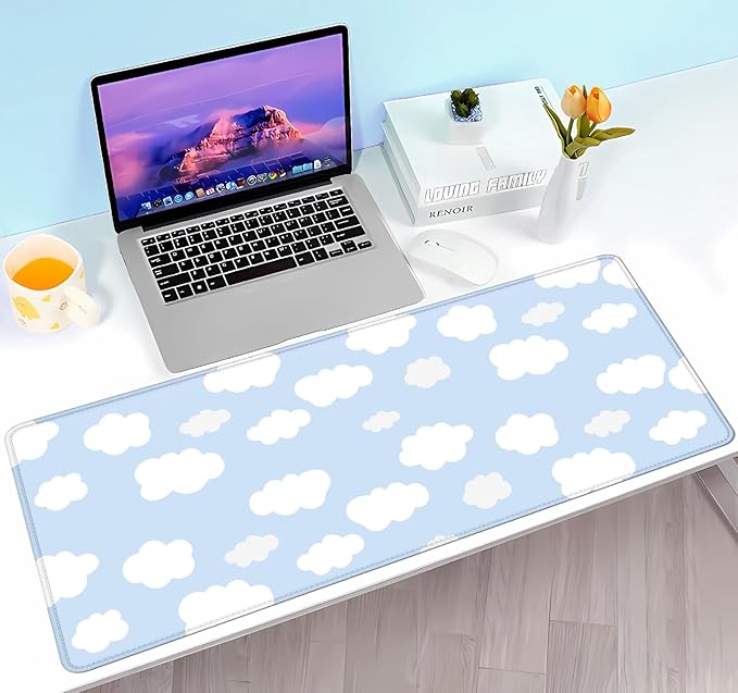 Cute Desk Pad, Blue Sky with Clouds Desk Mat, Large Mouse Pad, Protector Pad, Non-Slip Rubber Base with Stitched Edges Deskmat Writing Mat for Computer Laptop Office,31.5 X 11.8 in
