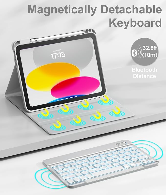 Hamile Keyboard Case for iPad 11th 10th Generation - 7 Colors Backlit Wireless Detachable Folio Keyboard Cover with Pencil Holder for iPad 11-inch A16 2025 10th Gen 10.9 Inch 2022 (Gray)