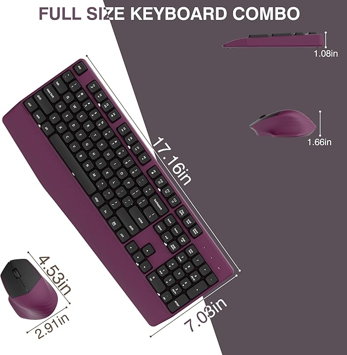 Wireless Keyboard and Mouse Combo, Full-Sized 104 Keys 2.4GHz Wireless Keyboard with Palm Rest and Wireless Mouse for Windows, Mac OS PC/Computer/Laptops/Desktops(Burgundy)