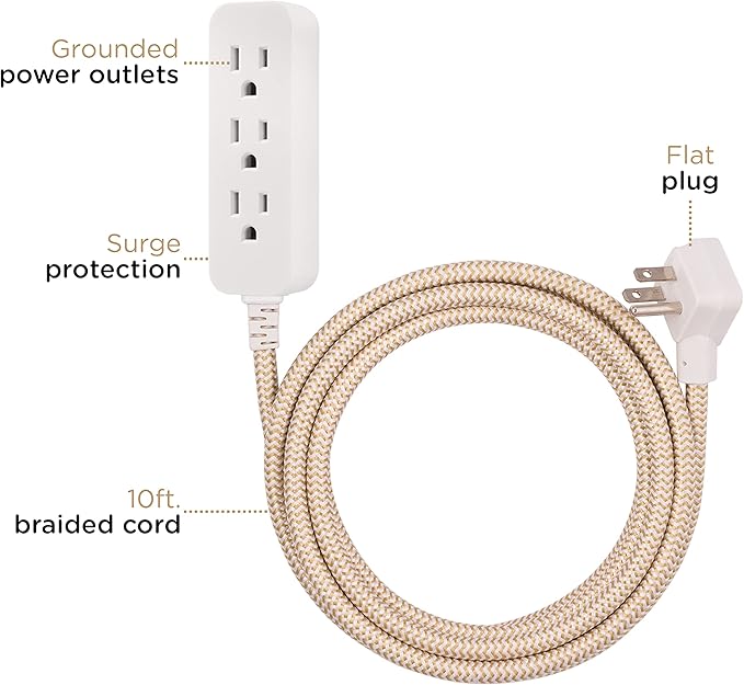 Cordinate 3 Outlet Power Strip Surge Protector Indoor Extension Cord 16 Gauge 245 Joules 10 Ft 3 Prong Braided Extension Cords Flat Extension Cord ETL Listed Brown 37916