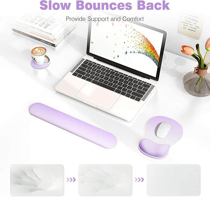 Ospelelf Keyboard Wrist Rest Set with Ergonomic Mouse Pad - 3-in-1 Memory Foam Support for Pain Relief, Office & Gaming with Coaster Lilac Gradient