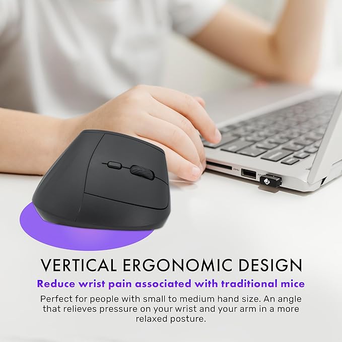 J-Tech Digital Wireless Mouse, Vertical Ergonomic Mouse with 2.4G Wireless & Bluetooth for 3 Multi-Device Function, Adjustable DPI Modes, Compatible with PC, Mac, Laptop - Black