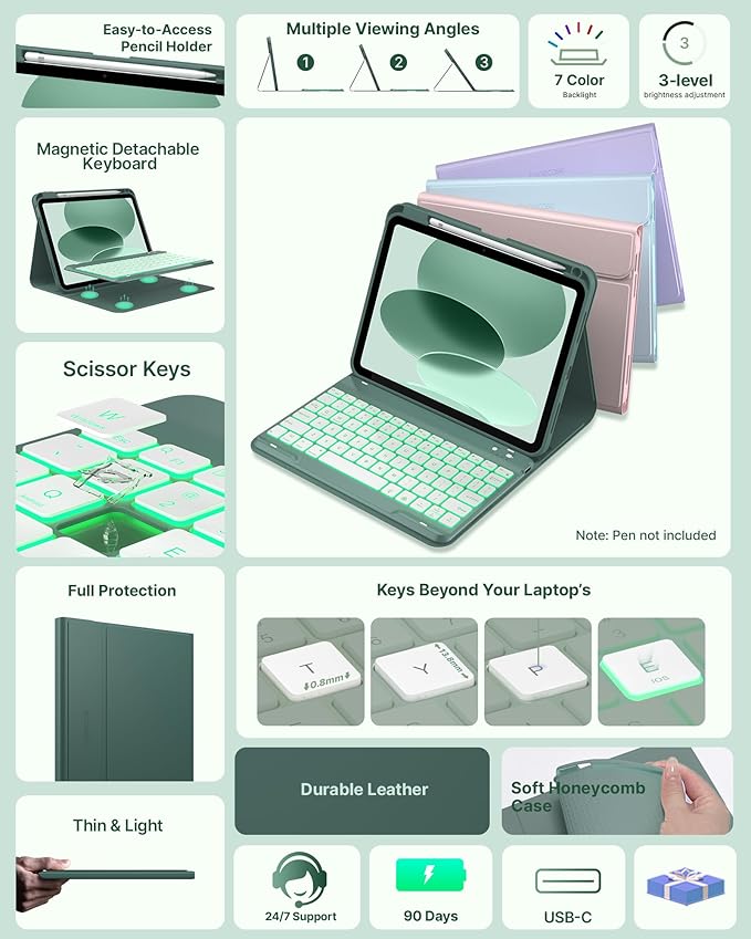 typecase Folio Keyboard Case for iPad 10th Gen 10.9 inch (2022) and iPad 11th (A16, 2025), Magnetic Wireless Detachable Keyboard, 7-Color Backlight, Thin & Light, Pencil Holder – Midnight Green