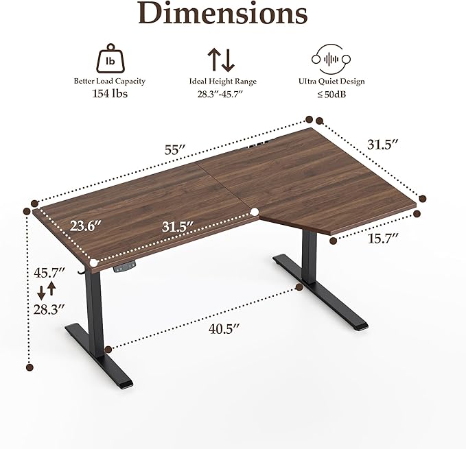 Klicelor 55 Inch L Shaped Standing Desk, Adjustable Height Corner Desk for Home Office Workstation, Sit Stand Desk with Two-Piece Desktop, Dark Walnut