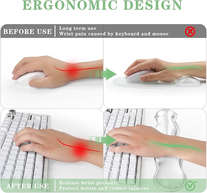 Wrist Rest for Keyboard- Ergonomic Gel Keyboard Wrist Rest and Mouse Pad Set, Non-Slip PU Base for Office, Laptop & Gaming - Clear White
