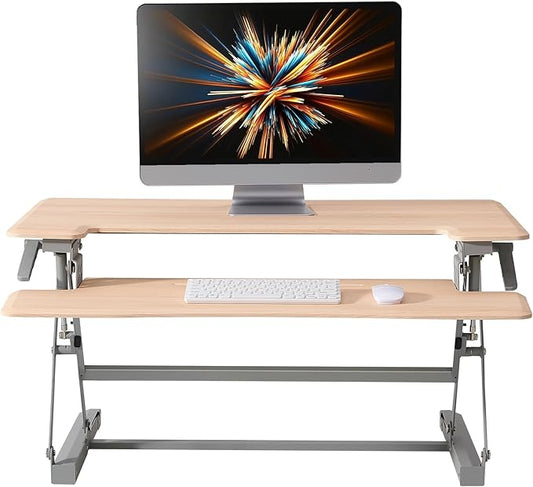 28 Inch Standing Desk Converter, 12-Position Adjustable Height Computer Desk Converter, Ergonomic for Use in Home Offices and Computer Workstations，Light Wood