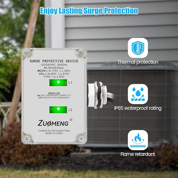 HVAC Surge Protector, Zuomeng 120/240VAC Universal Air Conditioner Surge Protective Device with 20kA Surge Absorption, Dual LED Indicators, 3 Type of Protection to Protect HVAC Systems