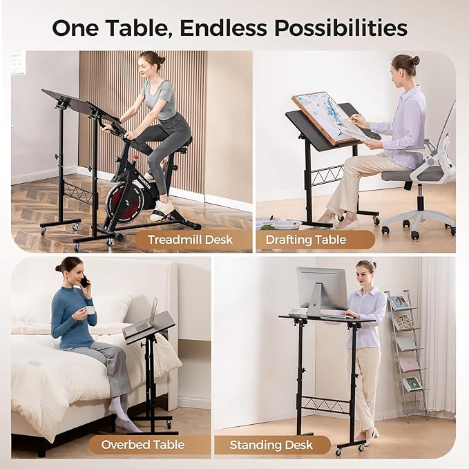 GTPLAYER Standing Desk Adjustable Height & Tiltable Tabletop, 32 Inch Portable Desk for Home Office Stand Up Work and Walking Pad Treadmill, Small Mobile Computer Table for Laptop, Black