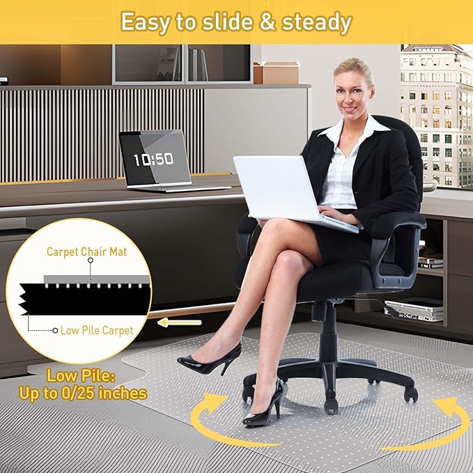 Heavy Duty Office Chair Mat for Carpet Floors & Desk Mat for Carpeted Floors - Clear Floor Protector with Extended Lip | Slip-Resistant, Easy Glide 36"x48" for Low/Flat Pile - Home, Office & Gaming