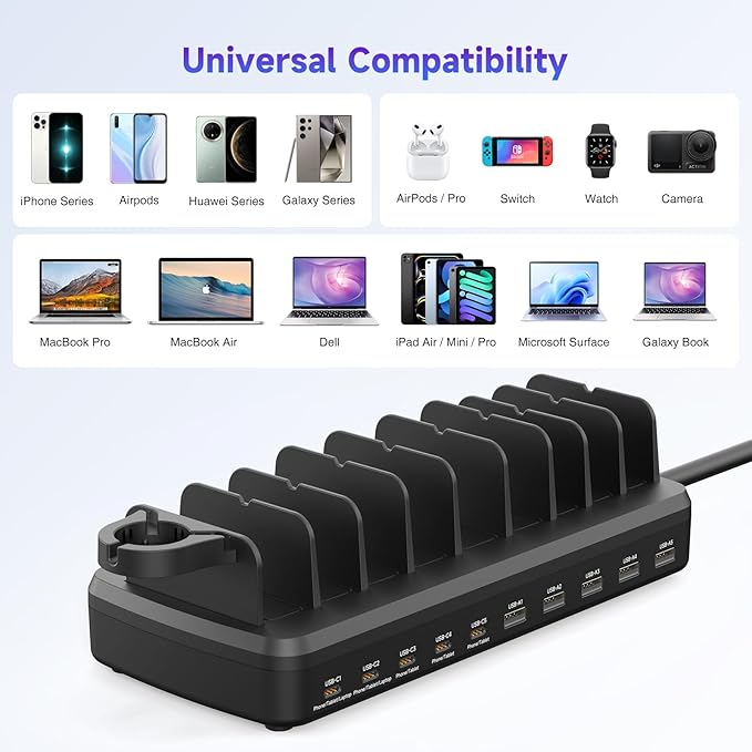 320W Charging Station for Multiple Devices, 10 Ports Fast Multi-Device Charger Organizer Compatible with MacBook Pro Laptop, iPhone, Android, Ipad, Tablet, Kindle, Multi-Device Charging Dock（Black）