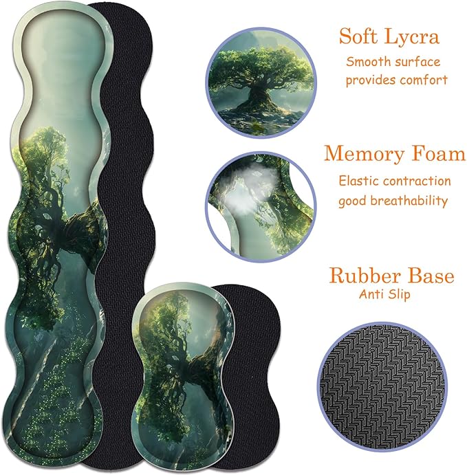 Large Gaming Mouse Pad + Keyboard Wrist Rest + Wrist Support + Coaster Set, Memory Foam Ergonomic for Easy Typing, XXL Extended Gaming Mouse Pad Table Pad - Tree of Life