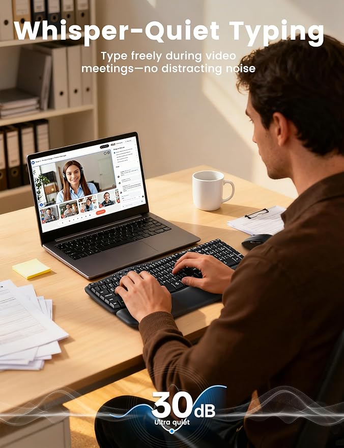 Wireless Keyboard and Mouse Combo, 30dB Quiet Ergonomic Wave Keyboard Set with Soft Leather Palm Rest, Dual-System Switch for Windows/Mac, Ideal for Business Teams Home Office - SABLUTE MA41