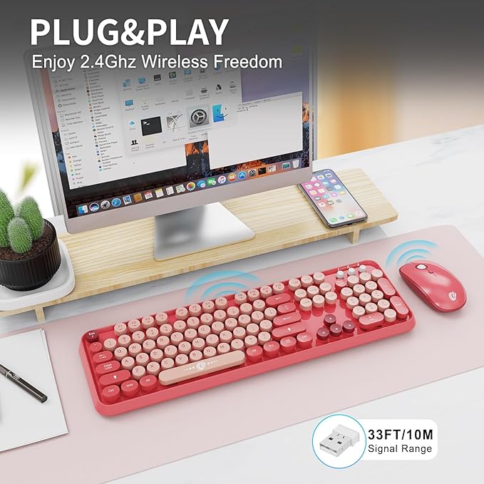 Wireless Keyboard and Mouse Combo - Cute Colorful Keyboard and Mouse, Retro Typewriter Keyboard with 2.4GHz Plug & Play, for Windows 11/10/7, Laptop, PC (Hot Pink)
