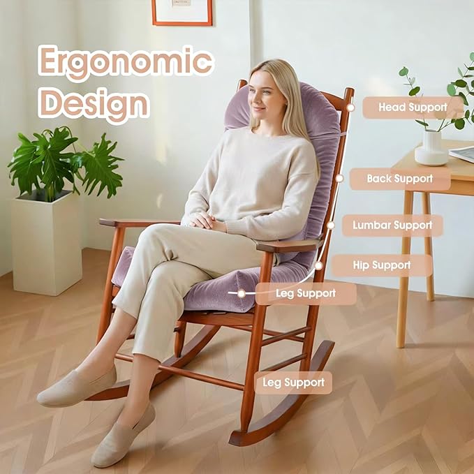 Rocking Chair Cushion Indoor Large Chair Pads Set with Ties Extra Lumbar Pillow Premium Dutch Velvet High Resilience Filler Non-Slip Bottom, Pink