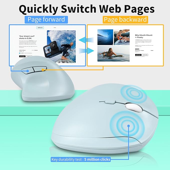Wireless Silent Ergonomic Vertical Mouse - Dual Mode 2.4G/Bluetooth, Rechargeable Type C, Pain Relief for Office and Home Use, Compatible with Laptop & PC (Green)