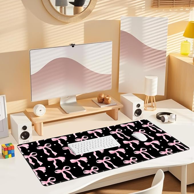 Desk Pad for Keyboard and Mouse, Large Mouse Pad for Desk, Non-Slip Keyboard Mat, Computer Mats for Desk, Cute Desk Pad with Stitched Edges for Office, Gaming I Black Pink Bow