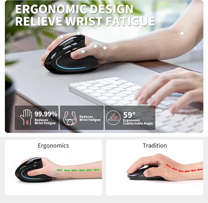 Uineer Ergonomic Mouse, Wireless Bluetooth Rechargeable Vertical Mouse, 7 Color LED, 4 DPI Adjustable, USB-A, Wrist Strain Relief,Optical Mice for Computer/PC/Laptop, Black