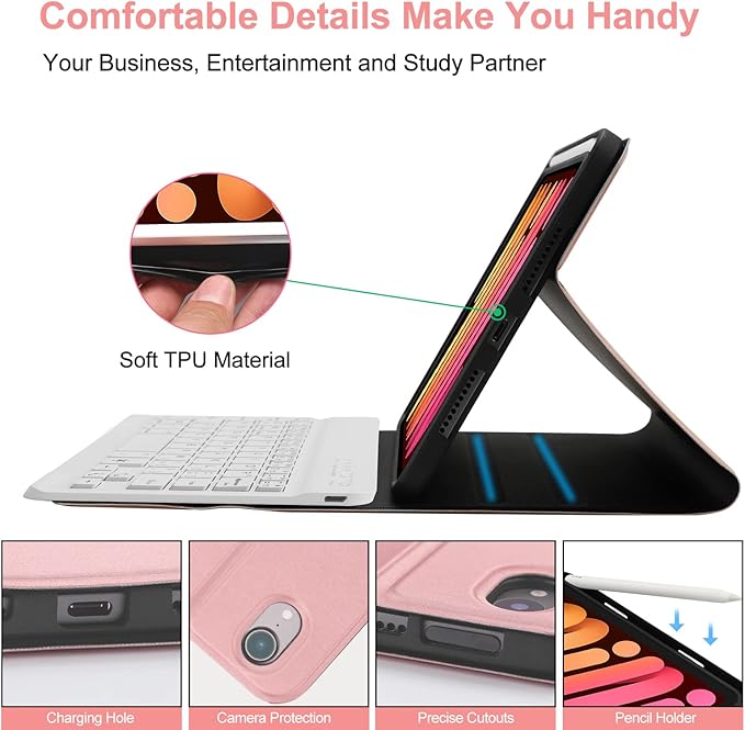 BORIYUAN iPad Mini (A17 Pro) 7th Keyboard Case 2024, Detachable Wireless Bluetooth Keyboard, Smart Slim Folio Cover with Build-in Pencil Holder for iPad Mini 7th/6th 2021 Generation 8.3 inch Rose Gold