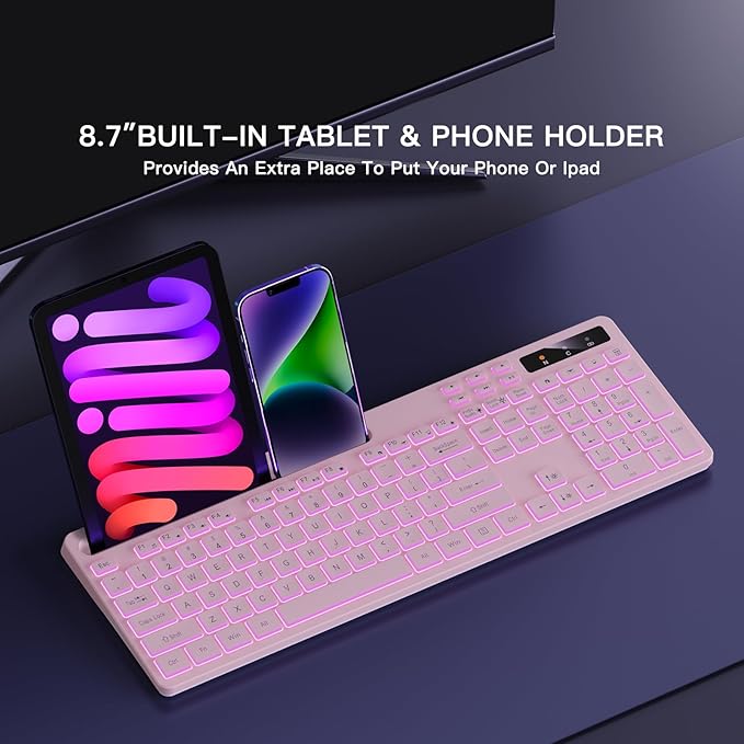 Wireless Keyboard with 7-Color RGB Backlit, Full-Size Computer Keyboard with Phone Tablet Holder, 2.4G Rechargeable Gaming Keyboard with Light Up Keys, Compatible with Mac, Windows (Pink)