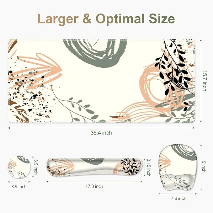 Large Mouse Pad with Wrist Support 4 in1 Set, XXL Big Game Mousepad + Keyboard Wrist Rest+Mouse Wrist Rest+Coaster Ergonomic Gaming Mat for Home Office Table Computer I Modern Boho Leaves