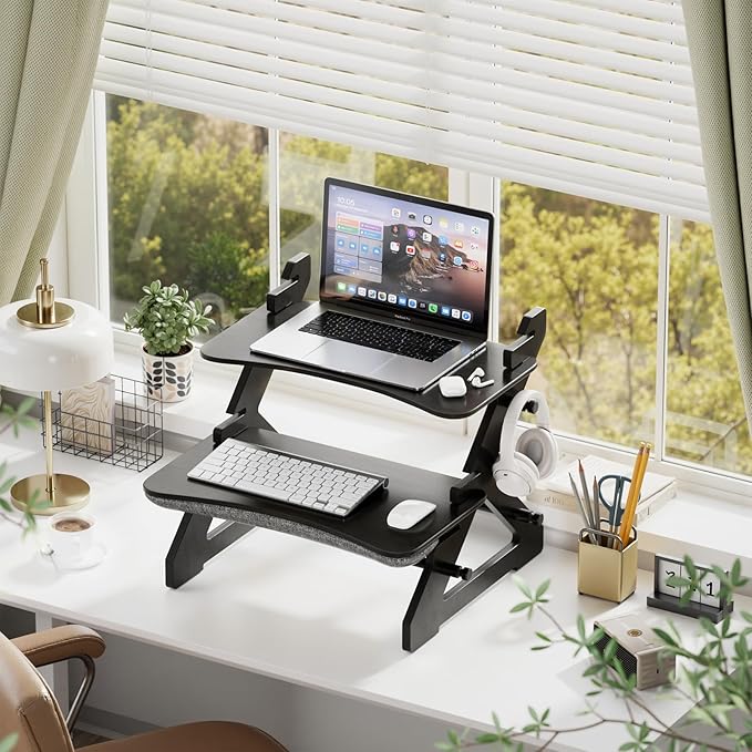 Amazer Standing Desk Converter, 22 inch Bamboo Small Sit Stand Up Desk Riser with Lap Desk Computer Desktop Desk Converter for Monitor and Laptop with Keyboard Tray, Black