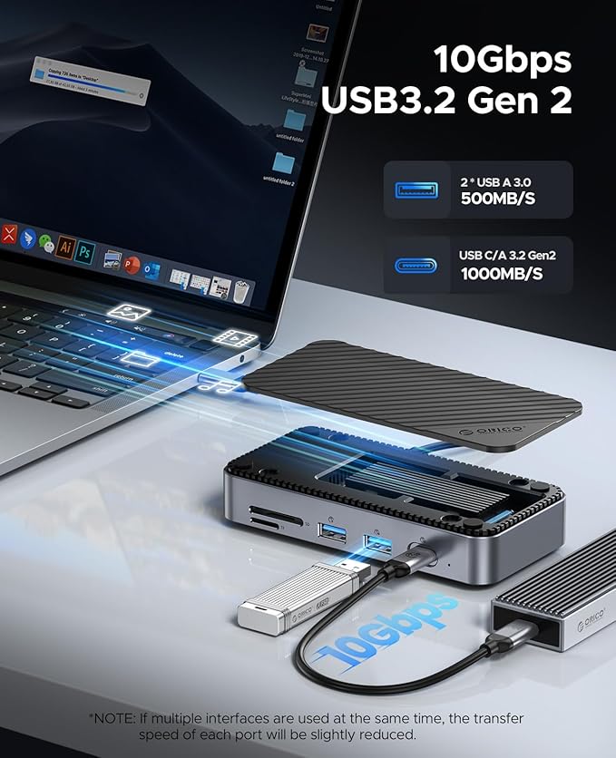 ORICO 9-in-1 USB C Hub with M.2 NVMe SSD Enclosure 10Gbps, Tool Free Hub Docking Station with Built-in Fan, Gigabit Ethernet, 100W PD, SD/TF, Type C & USB A for Laptop MacBook