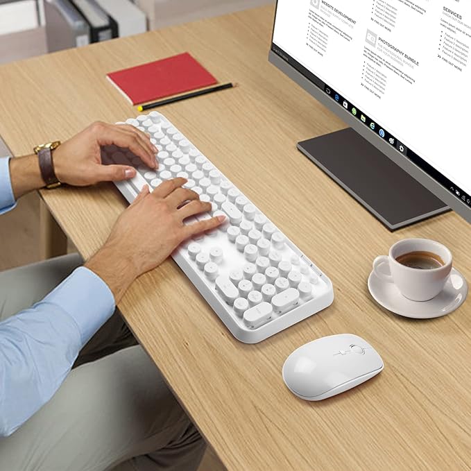 Wireless Keyboard and Mouse Combo - Cute Colorful Keyboard and Mouse, Retro Typewriter Keyboard with 2.4GHz Plug & Play, for Windows 11/10/7, Laptop, PC (White)