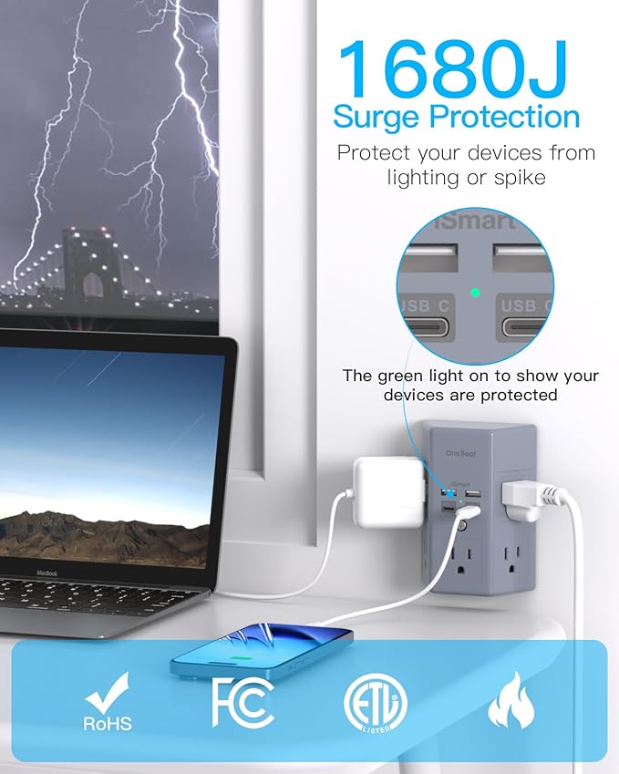 Surge Protector, 5 Outlets Extender with 4 USB Ports(USB C), 3-Side 1680J Power Strip Multi Plug Outlet Expander, USB Wall Charger, Outlet Splitter Adapter Wall Mount for Home Office ETL Listed（Grey）