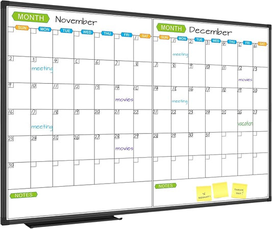 JILoffice Magnetic Dry Erase Calendar Whiteboard, 2 Month White Board Planner 48 X 31 Inch, Black Aluminum Frame Wall Mounted Board for Office Home and School