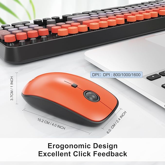 Wireless Keyboard and Mouse Combo - Cute Colorful Keyboard and Mouse, Retro Typewriter Keyboard with 2.4GHz Plug & Play, for Windows 11/10/7, Laptop, PC (V2020-Orange)