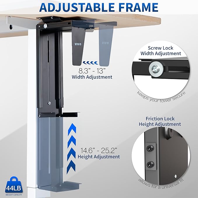 VIVO Under Desk and Wall 8.3 to 13 inch Wide Office and Gaming PC Mount, Large Computer Case CPU Machine Holder with Swivel and Locking, Holds 44 lbs, Black, MOUNT-PC01L