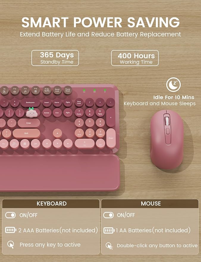 Wireless Keyboard and Mouse Combo, Typewriter Keyboard with Detachable Wrist Rest, Full-Size Retro Round Keycaps, Smart-Sleep, 2.4GHz Stable Connection for Mac/Windows/PC, Trueque(Ombre Dusty Rose)