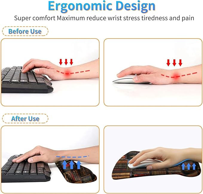 Ergonomic Mouse Pad with Wrist Support Gel Mousepads and Upgrade Keyboard Wrist Rest Pad Set, Coasters Non-Slip PU Base Mouse Mat for Office Gaming Computer Laptop Home, Library Books
