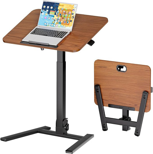 25 Inch Mobile Foldable Standing Desk, 180° Tiltable Portable Rolling Laptop Table, Height Adjustable Sit-Stand Desk with Wheels, No Assembly Computer Workstation for Home Office, Brown