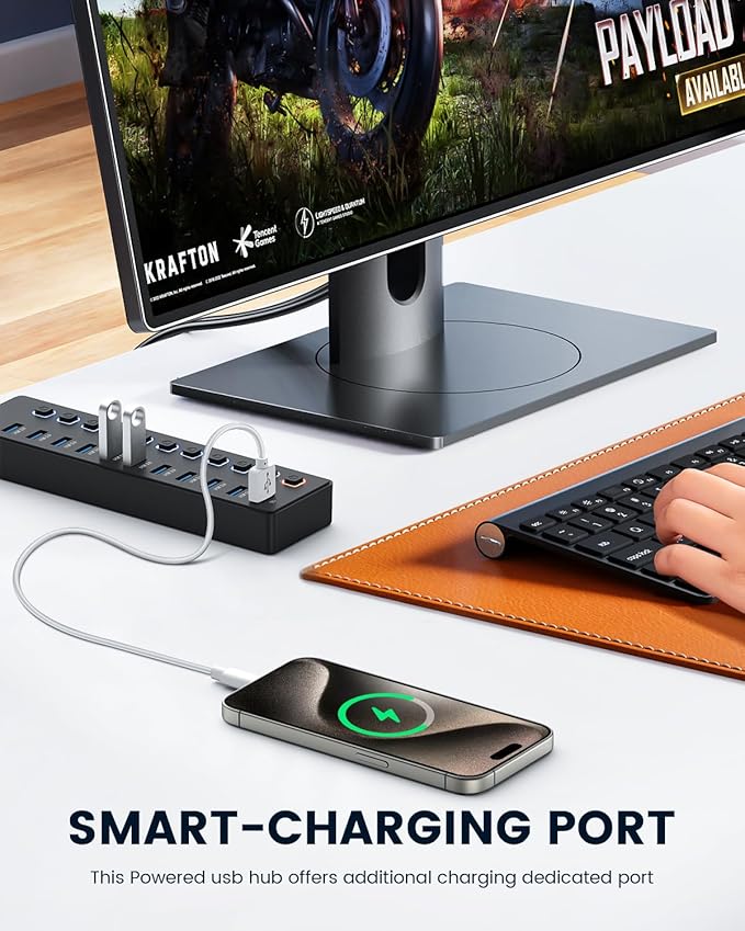 USB hub，Powered USB hub, 11-Port hub Splitter，10 USB 3.0 Data Transfer Port + 1 Smart Charging Port,Independent Switch (with LED Working Indicator) USB 3.0 Hub Powered with Power Adapter for Mac/PC
