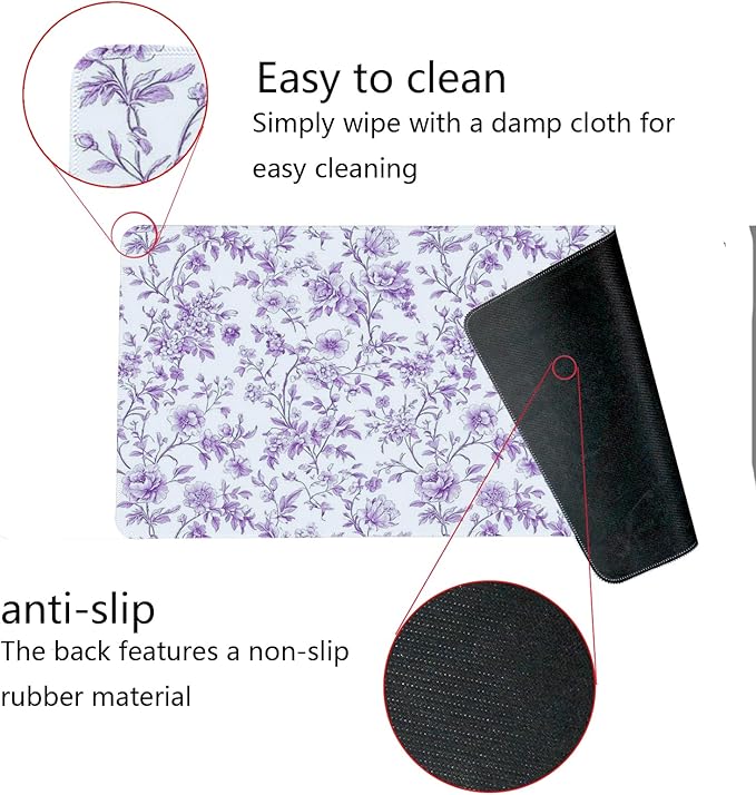 Purple Chinoiserie Mouse Pad,Vintage Purple and White Floral Desk Mat,XL Large Vintage Flowers Preppy Mouse Pad,Girly Laptop Desk Mat for Dorm Home Office,23.6x11.8 Inch