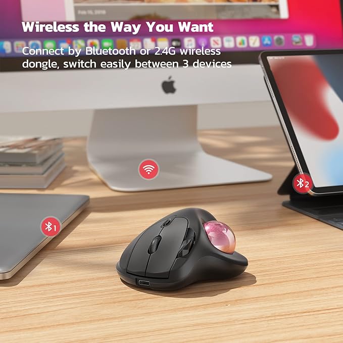 Nulea M501 Wireless Trackball Mouse, Rechargeable Ergonomic, Thumb-Controlled, Smooth Precision, 3-Device Connect (Bluetooth/USB), Fits PC, Laptop, Mac, Windows（Dusty Pink）