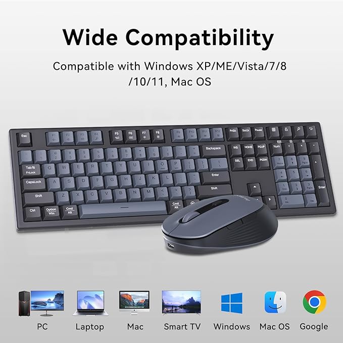AUSDOM Wireless Keyboard and Mouse Combo - 108 Keys Mechanical Feel, 2.4G Full-Sized Rechargeable Silent Keyboard & 3 DPI Adjustable Mouse, Numeric Keypad, USB Receiver for PC/Laptop/Windows/Mac