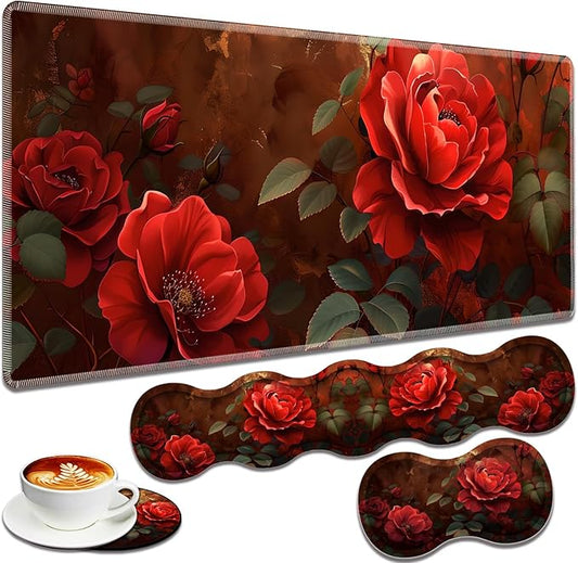 Large Gaming Mouse Pad + Keyboard Wrist Rest + Wrist Support + Coaster Set, Memory Foam Ergonomic for Easy Typing, XXL Extended Gaming Mouse Pad Table Pad - Red Rose