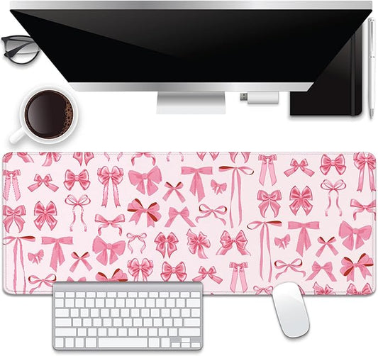 Pink Bow Desk Pad Mouse Pad,Extend XL Mouse Mat with Stitched Edges,Non-Slip Rubber Base Large Mousepad for Office PC Keyboard Laptop and Home Work Desk Mat(31.5X11.8 in)