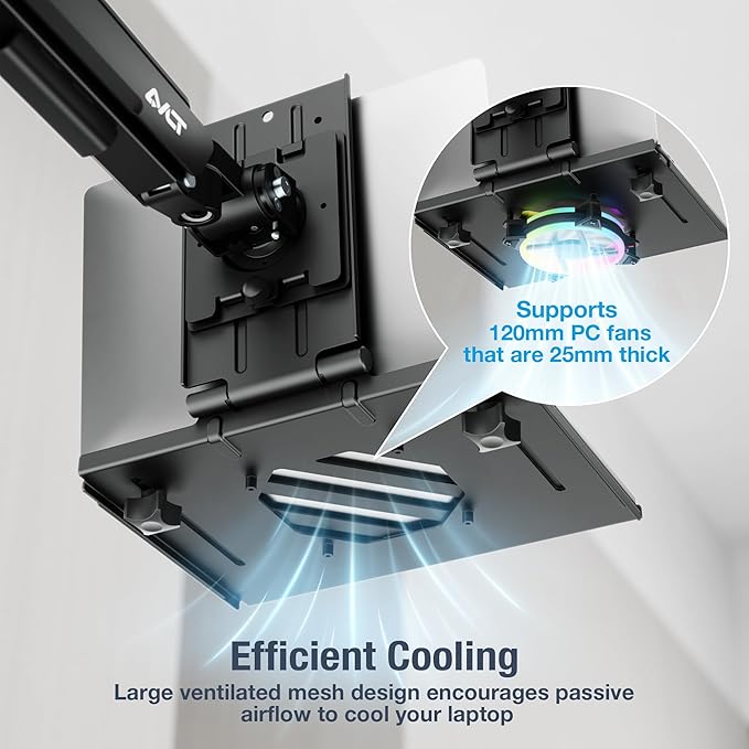 AVLT Adjustable Laptop Tray with Support for 120mm Fan Compatible with VESA 75x75 Monitor Arm - Fits Up to 17Inch Laptops - Weighs 4.41lbs, Black (Fan Not Included)