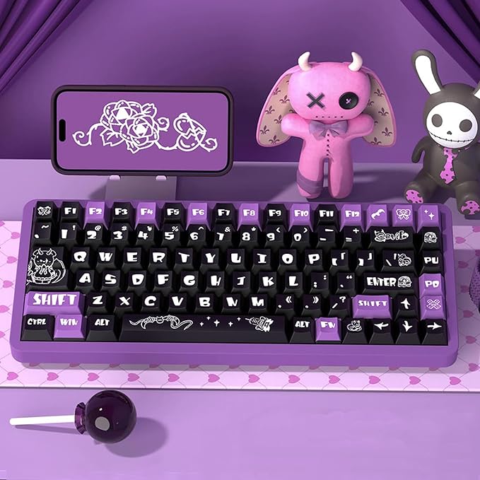 PBT Keycaps, 138 Keys Dark Little Devil Theme OEM Height Keycaps Dye-Sublimation Set for 61/64/68/84/87/100/104/108 Cherry MX Mechanical Keyboard