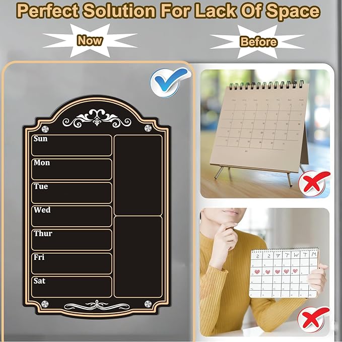 Acrylic Magnetic Dry Erase Board Calendar for Fridge 12" x 8" Black Weekly Planner Whiteboard for Refrigerator Magnet Planning Calendars to Do List Family House Kitchen Decor with 7 Colors Markers