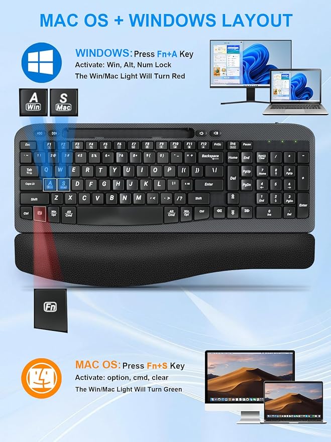 Wireless Keyboard and Mouse Combo, Wave Keys Computer Ergonomic Keyboard with Cushioned Plam Rest, Phone Holder, 2.4GHz Silent 6 Button Wireless Mouse Set for Laptop, PC, Windows, Mac (Black)